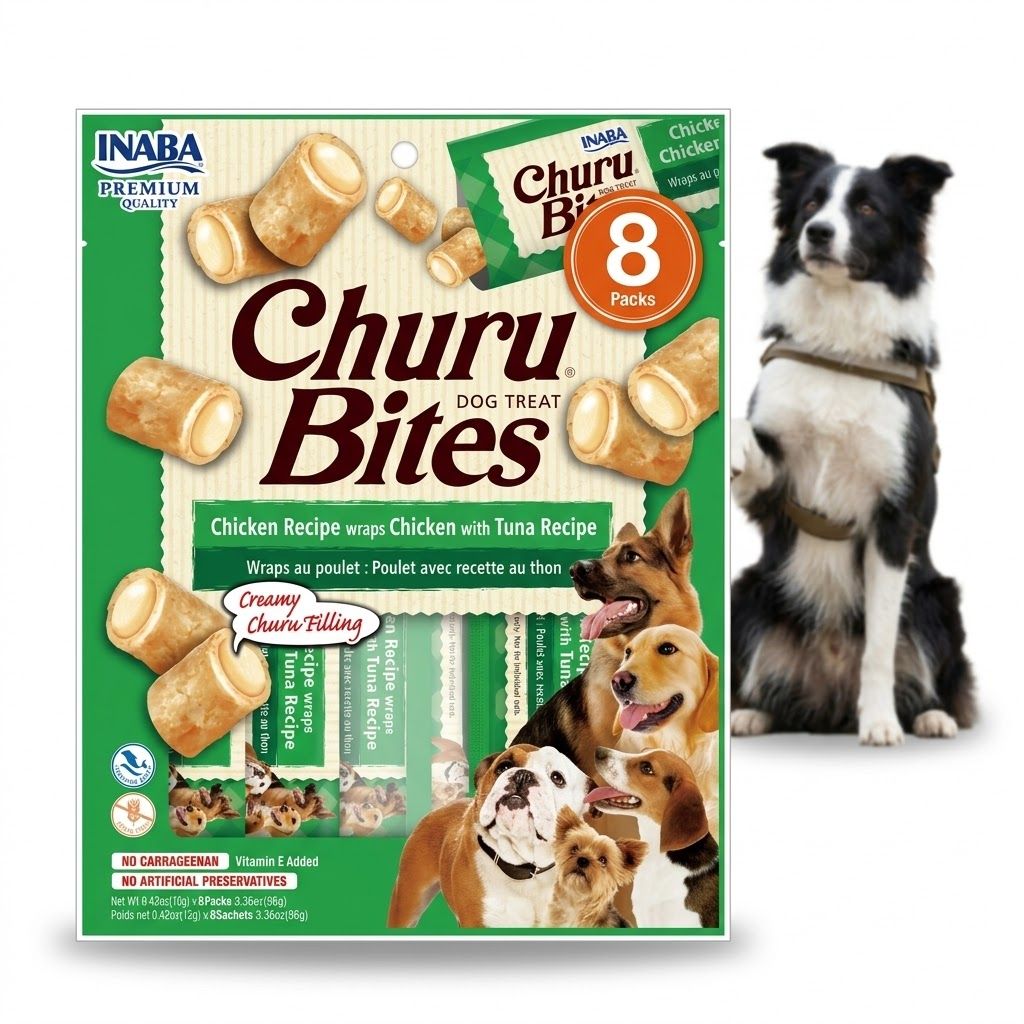 Inaba Churu 8 x 12 gr Snacks para Perros sin Granos, Lamibles y Exprimibles, Puré Cremoso para Gatos con Vitamina e y Taurina, Receta de Pollo y Atún - Miniatura 2