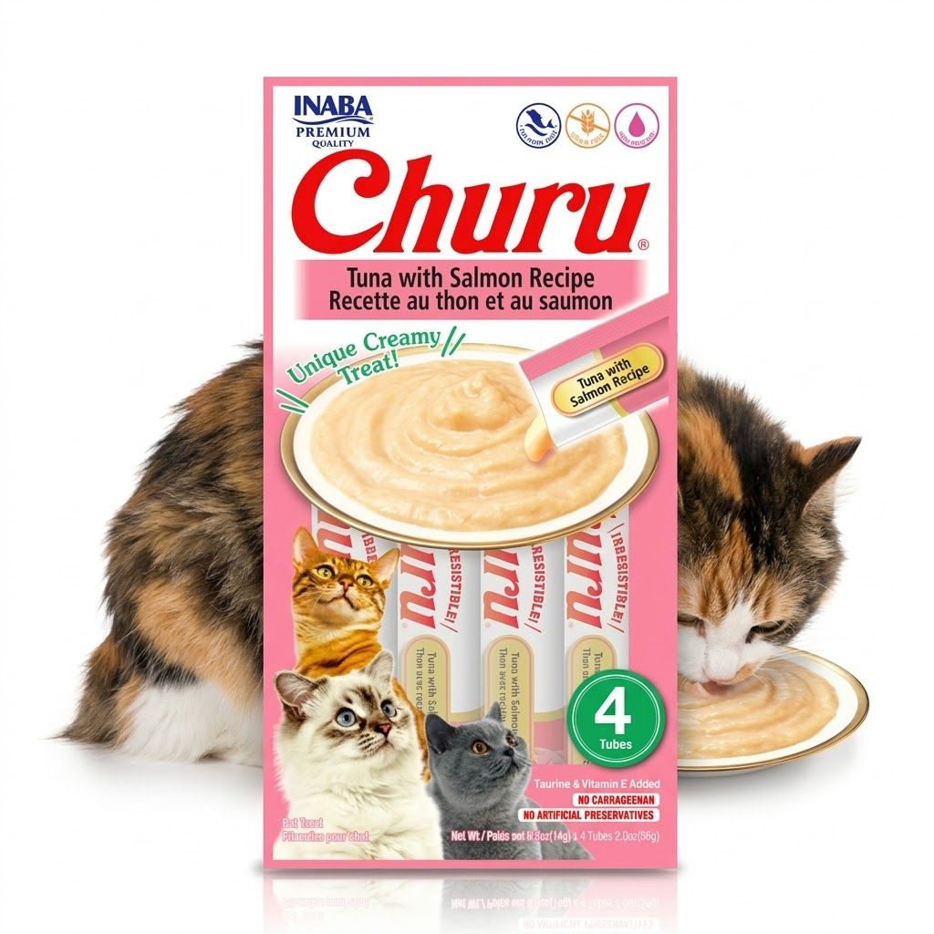 Inaba Churu Pack 4 x 56 gr Snack Húmedo y Cremoso para Gatos Sabor Atún y Salmón  - Miniatura 3