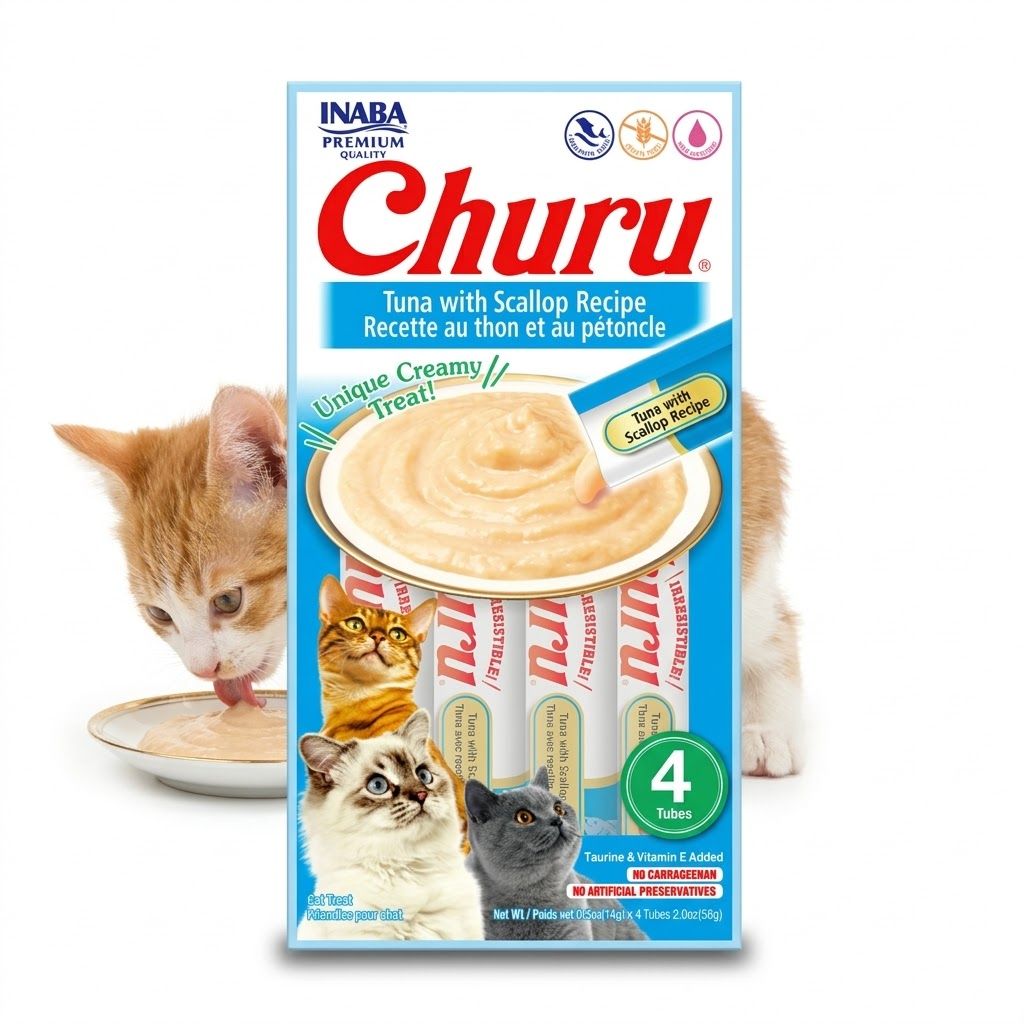 Inaba Churu Pack 4 x 56 gr Snack Húmedo y Cremoso para Gatos Sabor Atún y Vieiras  - Miniatura 3