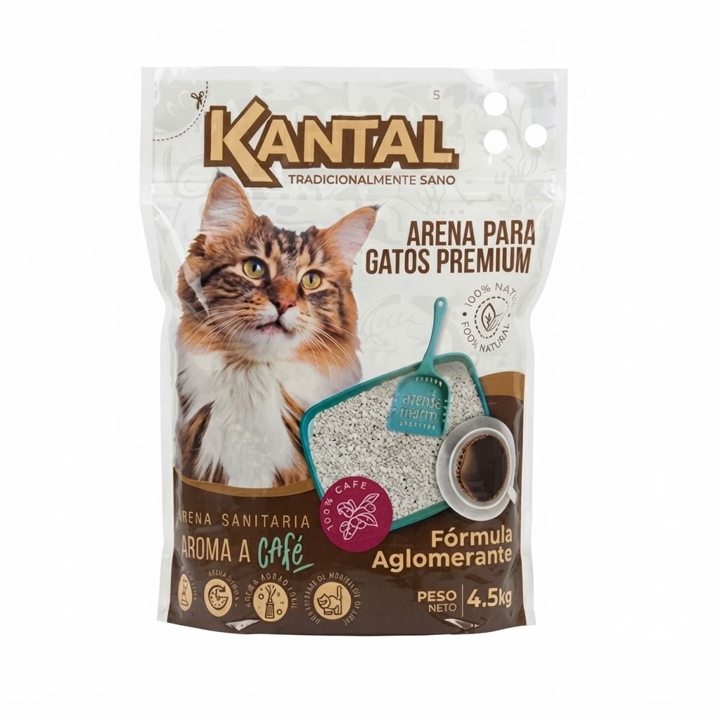 Arena Sanitaria Premium para Gatos Kantal Aroma a Café Alta Absorción Control de Olores Máxima Aglutinación Natural 4,5 kg