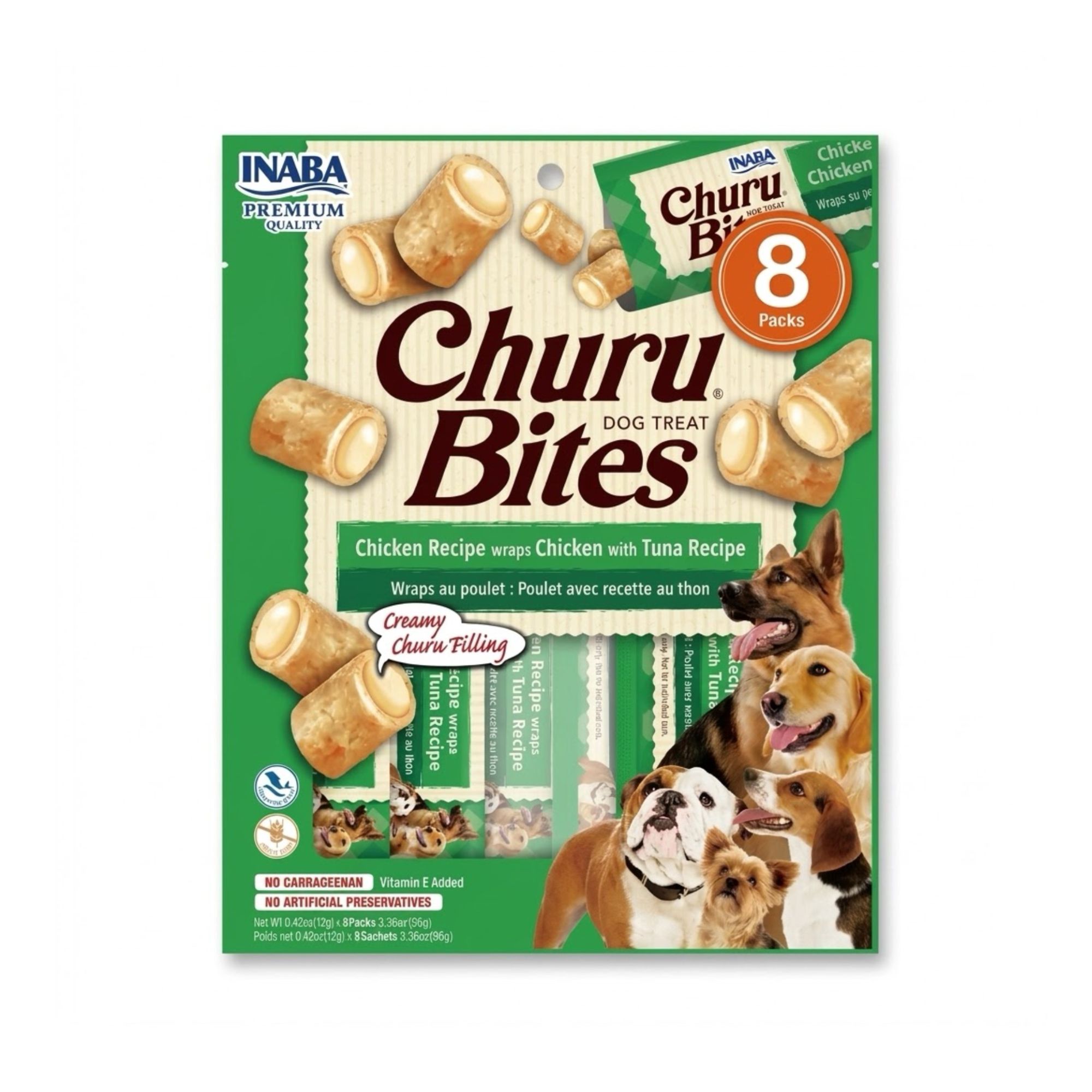 Inaba Churu 8 x 12 gr Snacks para Perros sin Granos, Lamibles y Exprimibles, Puré Cremoso para Gatos con Vitamina e y Taurina, Receta de Pollo y Atún - Imagen 1