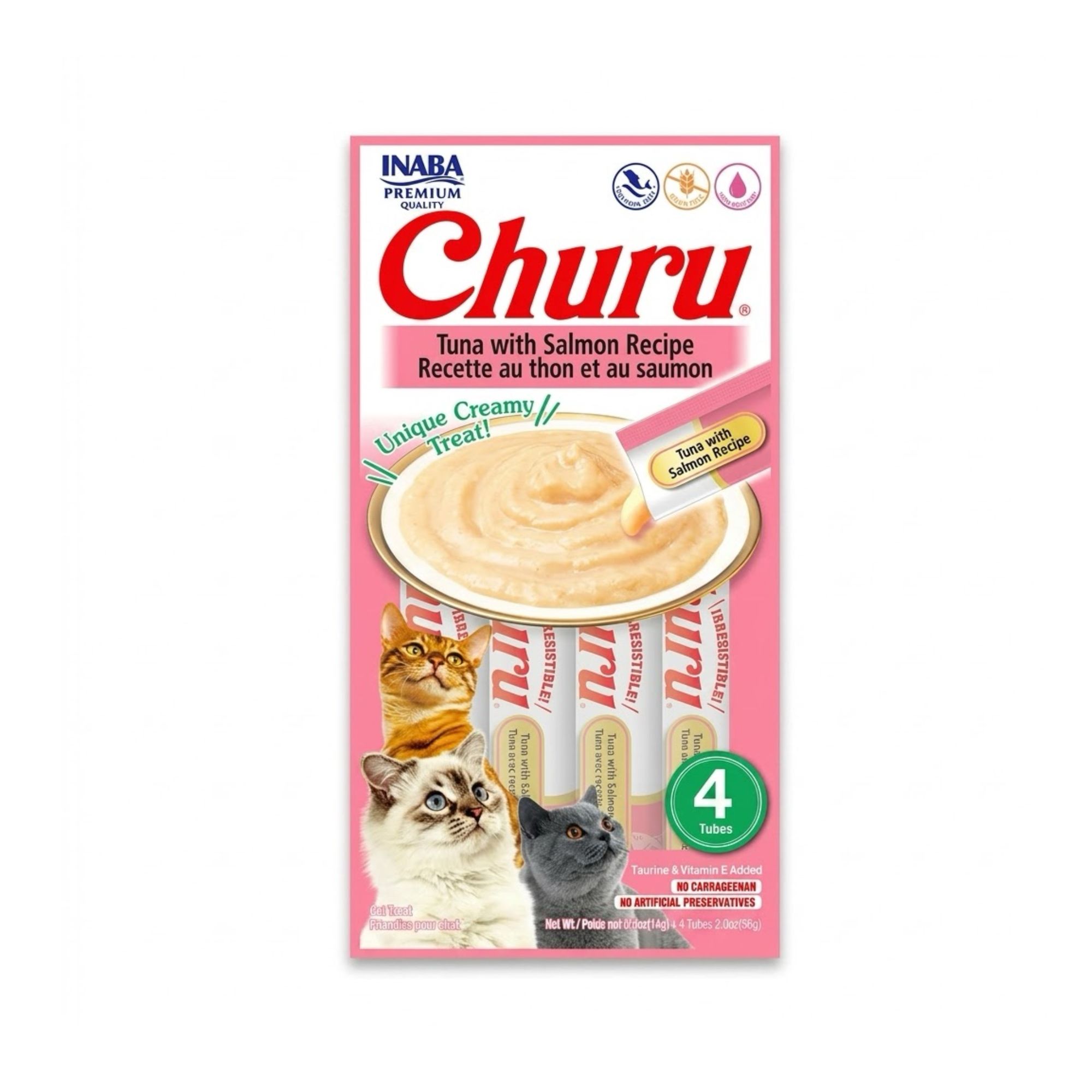 Inaba Churu Pack 4 x 56 gr Snack Húmedo y Cremoso para Gatos Sabor Atún y Salmón 