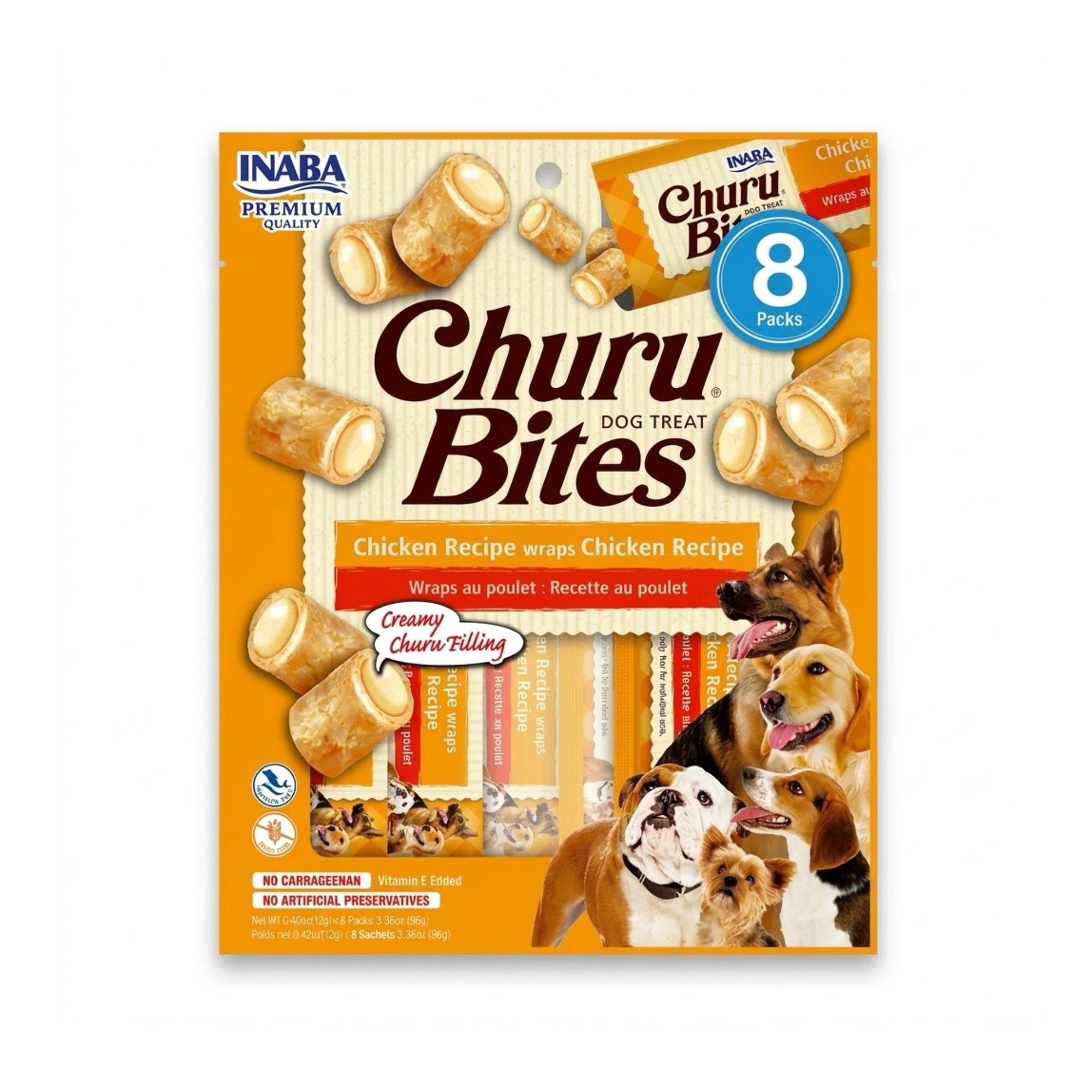 Inaba Churu 8 x 12 gr Snack para Perros sin Granos, Lamibles y Exprimibles, Puré Cremoso para Gatos con Vitamina e y Taurina, Receta de Pollo - Imagen 1