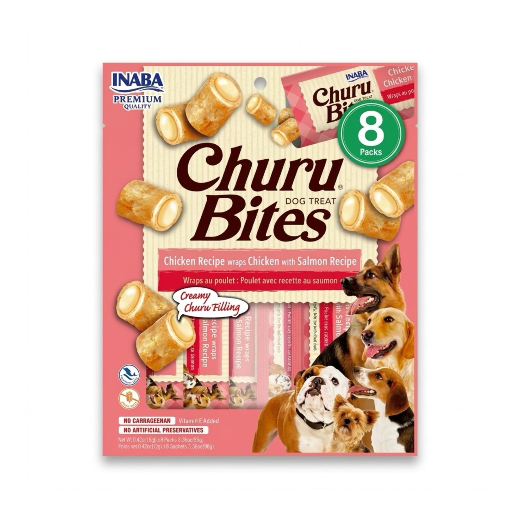 Inaba Churu 8 x 12 gr Snacks para Perros sin Granos, Lamibles y Exprimibles, Puré Cremoso para Gatos con Vitamina e y Taurina, Receta de Pollo y Salmon - Imagen 1