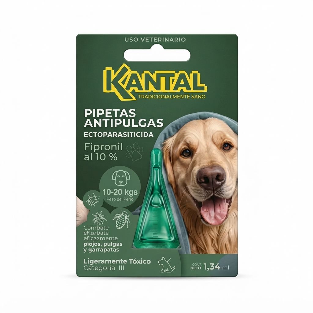 Pipeta Antipulgas Kantal para Perros de 10 a 20 kg Ectoparasiticida Fipronil al 10% Control de Pulgas Garrapatas y Piojos Protección Efectiva 1.34 ml.