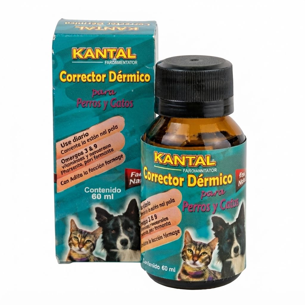 Corrector Dérmico Kantal para Perros y Gatos Suplemento Nutricional con Omega 3, 6 y 9 Salud de Piel y Pelaje Frasco 60 ml Control de Caída y Brillo.