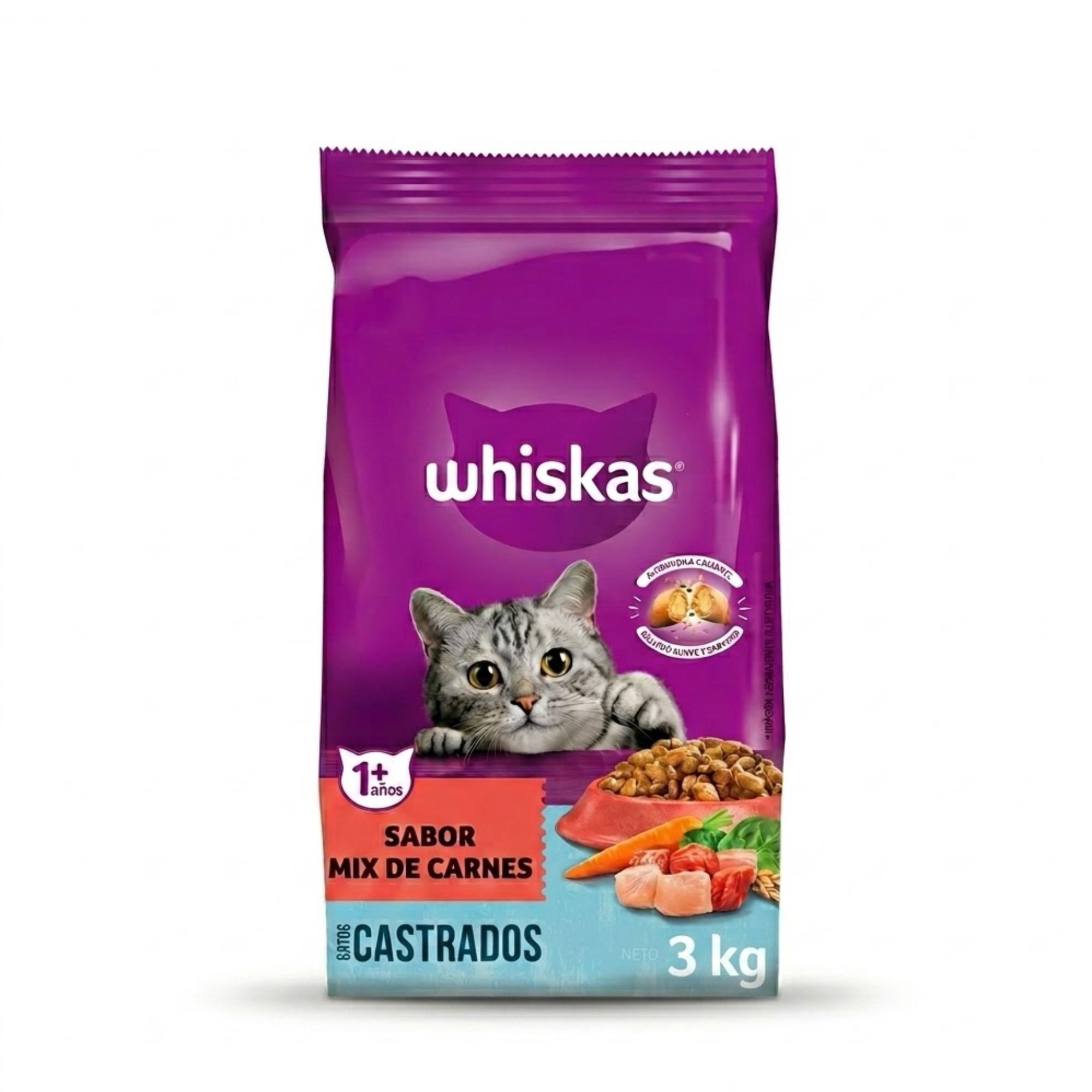 Whiskas 3 Kg Alimento Seco para Gatos Castrados Sabor Mix de Carnes 