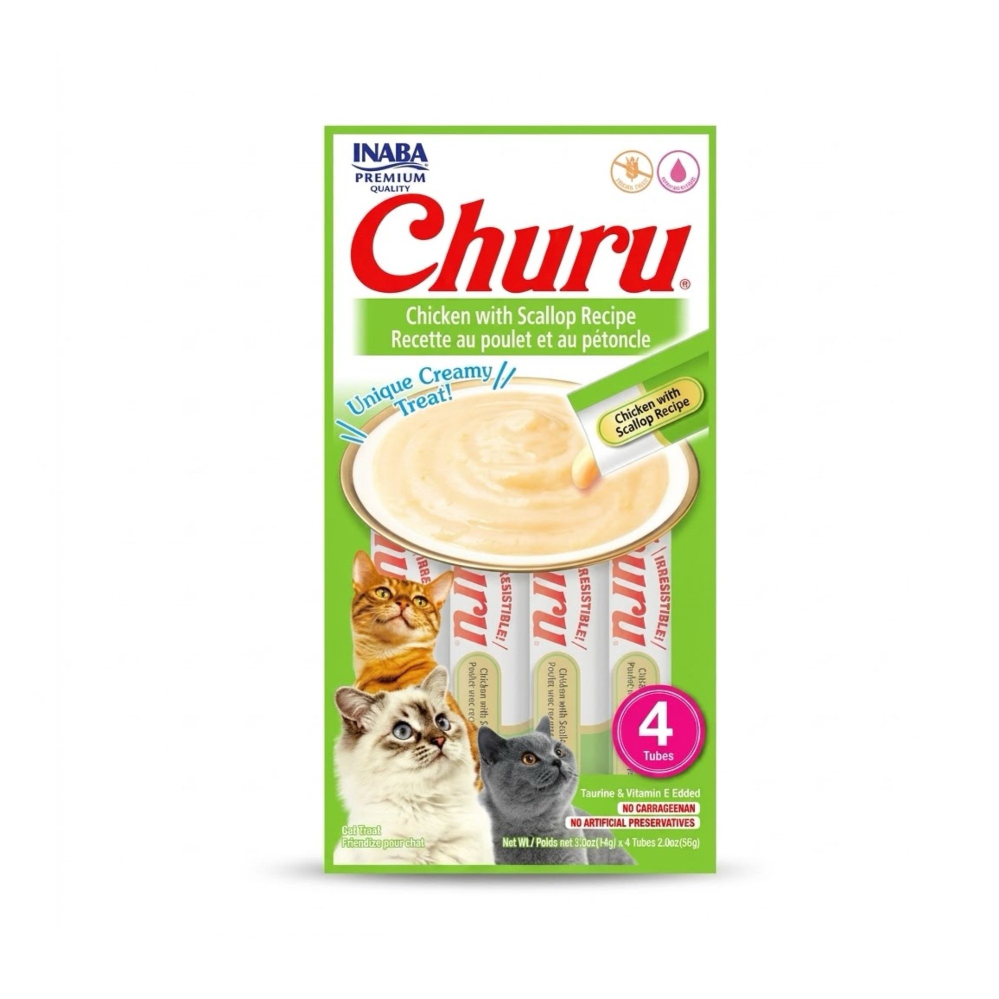 Inaba Churu Pack 4 x 56 gr Snack Húmedo y Cremoso para Gatos Sabor Vieiras - Premio Saludable