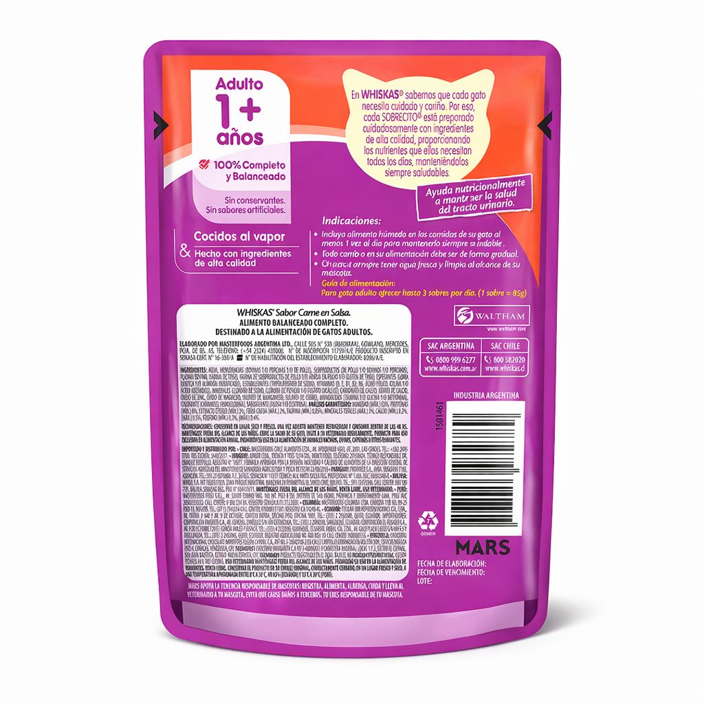 Whiskas Alimento Húmedo para Gatos Adultos Sabor Carne - Sobrecito 85 g - Miniatura 2