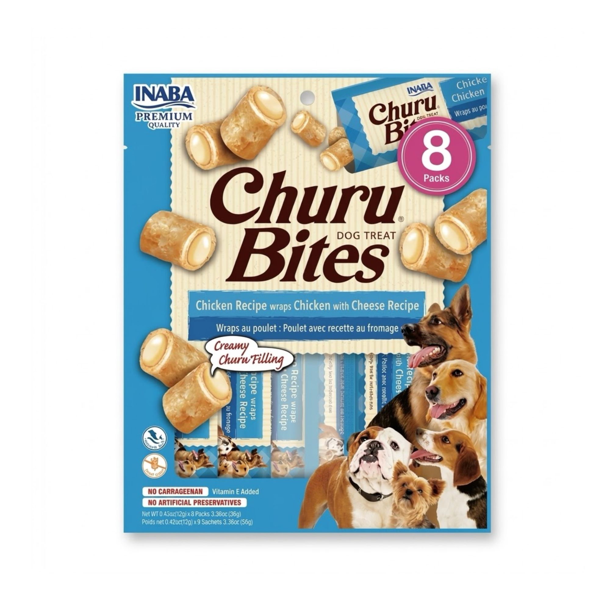Inaba Churu 8 x 12 gr Snack para Perros sin Granos, Lamibles y Exprimibles, Puré Cremoso para Gatos con Vitamina e y Taurina, Receta de Pollo y Queso - Imagen 1