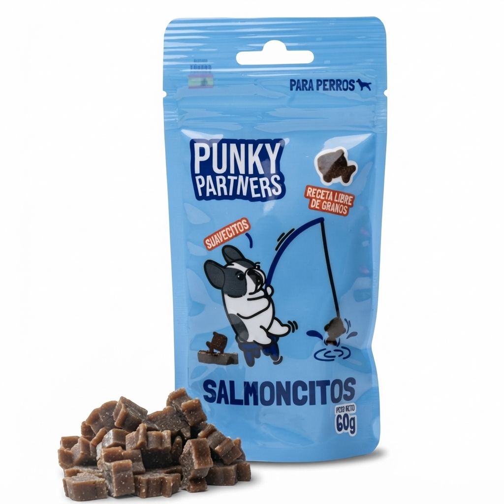 Punky Partners Salmoncitos para Perros 60 Gr - Premios Saludables Ricos en Omega con Sabor a Salmón - Imagen 1